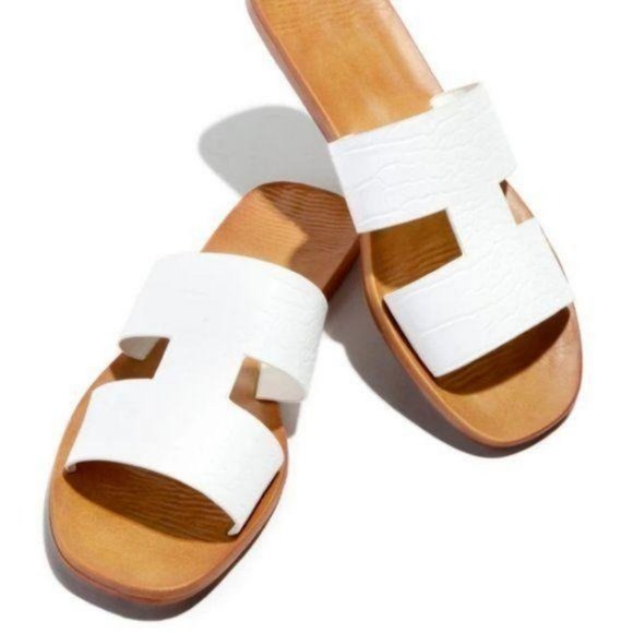 White Croc Embossed Slip On Sandals - Picture 2 of 4